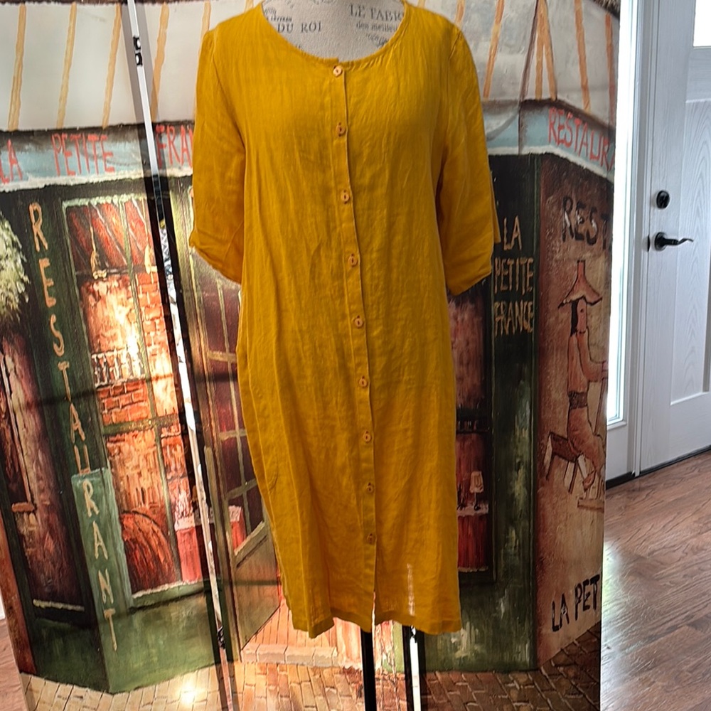 Gudrun Sjoden “Ester” Woven Linen Dress, Gold Ochre, Size Medium